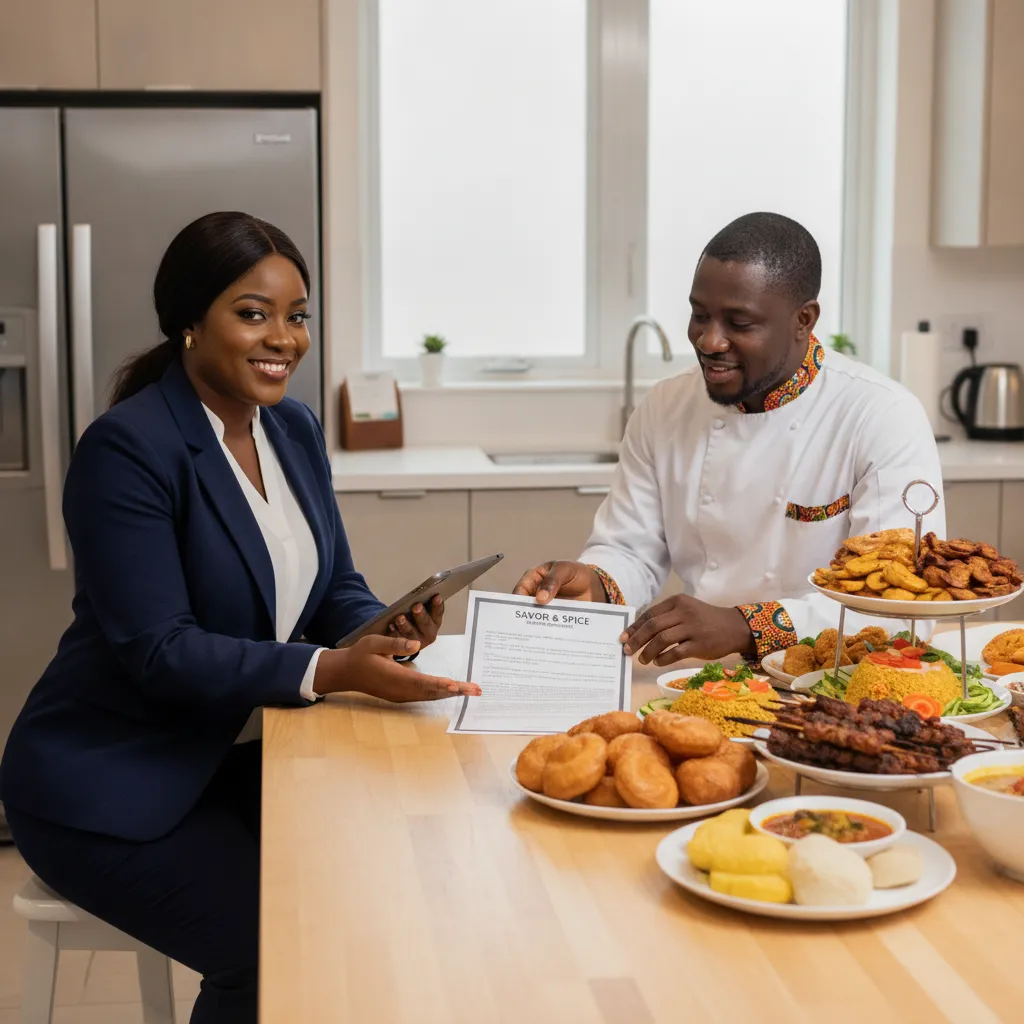 A Black event planner, dressed professionally, is reviewing a catering contract with a Nigerian caterer in a modern kitchen setting, with vibrant food platters visible in the background