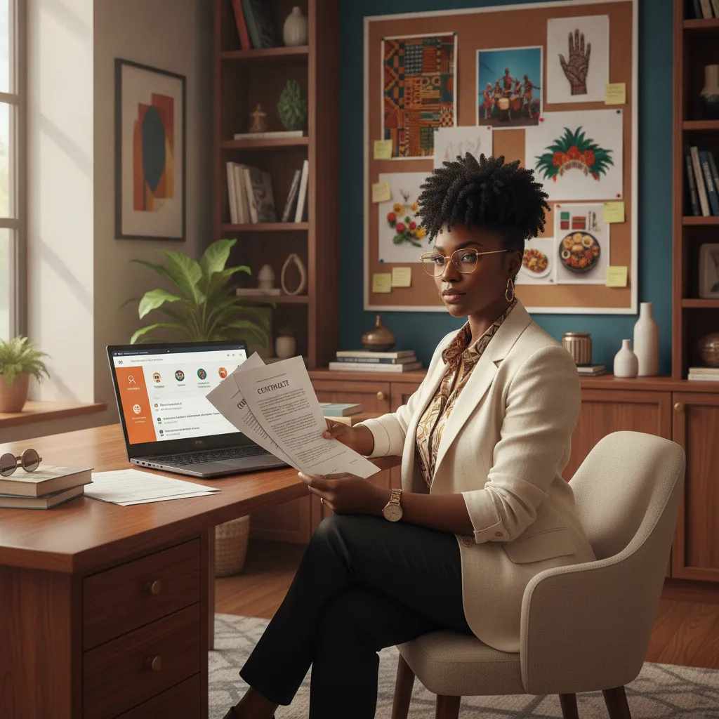 A Black event planner in a chic office setting, reviewing contracts and a laptop screen displaying a vendor search interface, with a mood board featuring cultural event elements in the background