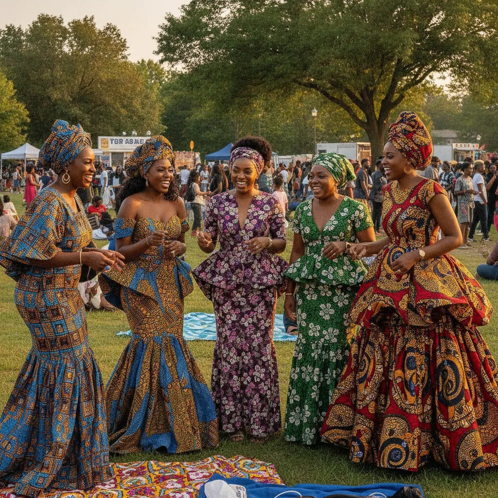 A diverse group of Black women, elegantly dressed in custom-designed African print dresses and headwraps, pose together at a vibrant outdoor event in Atlanta