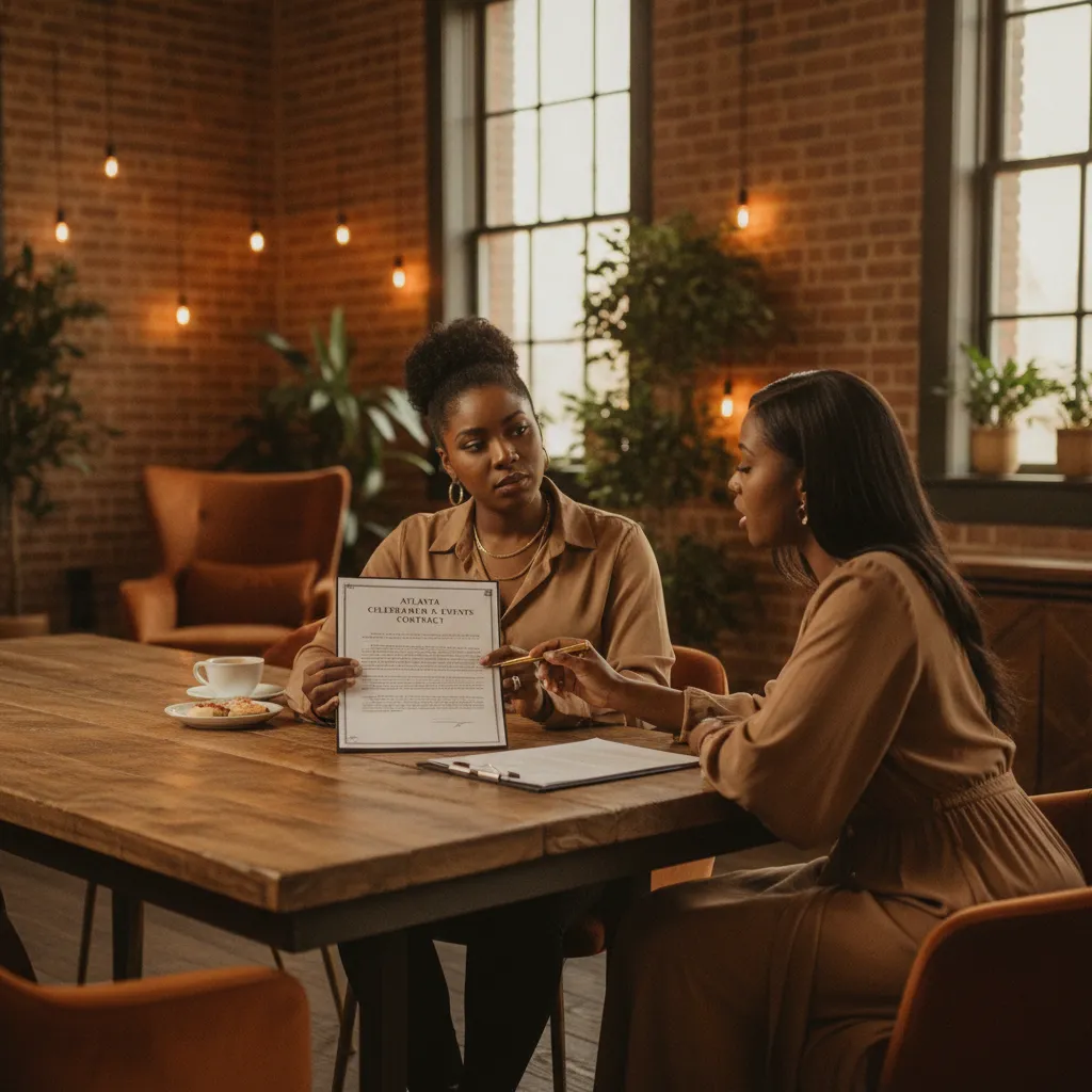 A Black female event planner, looking thoughtful and slightly concerned, reviews a contract with a client at a rustic-chic event space in Atlanta