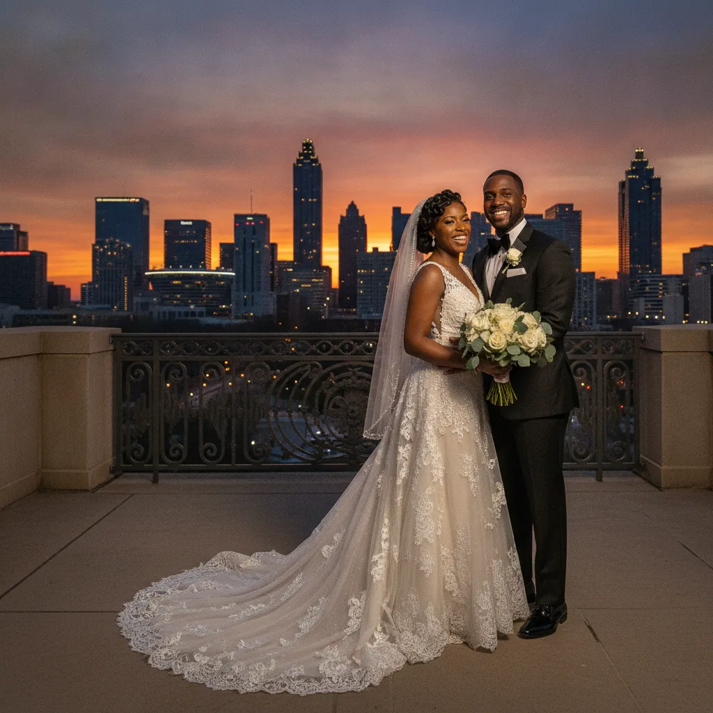 A Black couple in elegant wedding attire stands smiling and embracing on a grand, open-air balcony overlooking the Atlanta skyline at sunset, with city lights beginning to twinkle