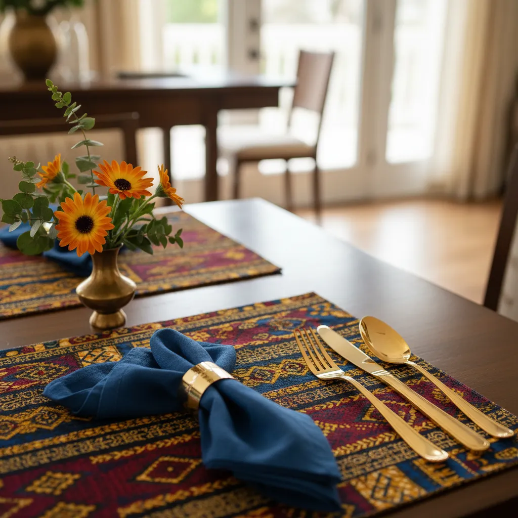A folded napkin, gold cutlery, and a small floral arrangement