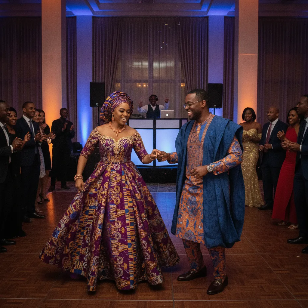 A Black couple in elegant traditional African attire, smiling and dancing joyfully on a packed dance floor at an upscale wedding reception in Atlanta