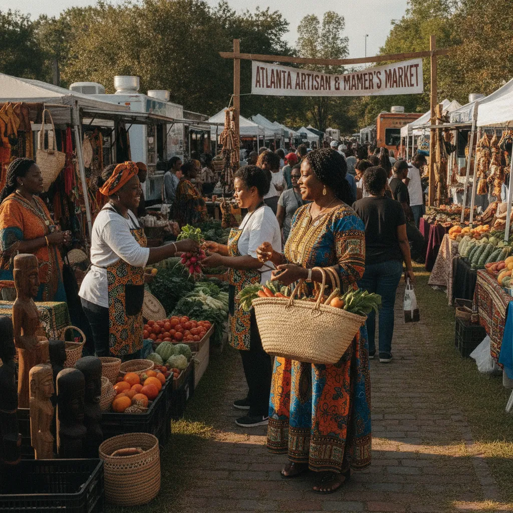 A vibrant outdoor market scene in Atlanta, with Black vendors showcasing their handmade crafts and fresh produce