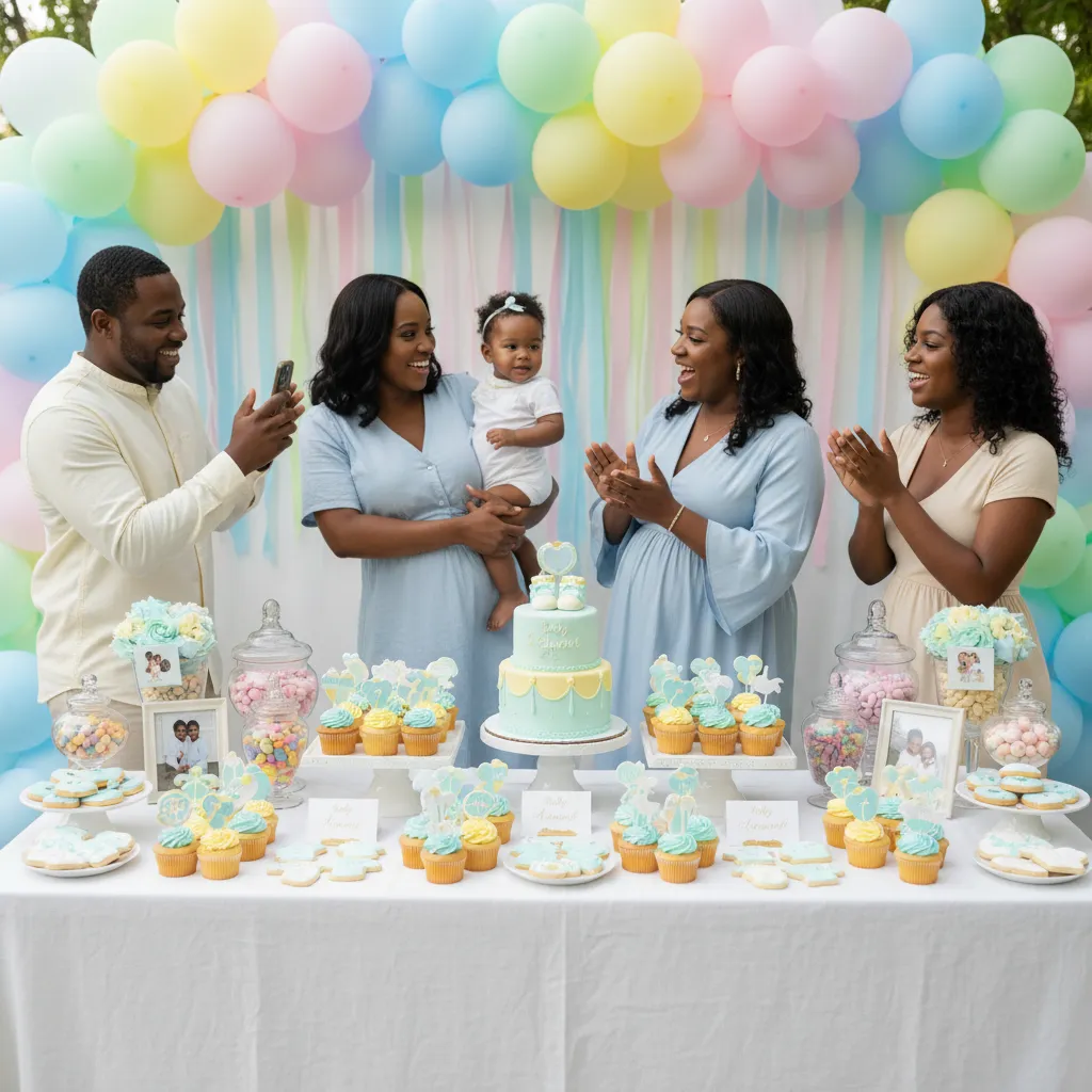 A vibrant baby shower dessert table featuring an array of colorful treats, including cupcakes with baby-themed toppers, cookies