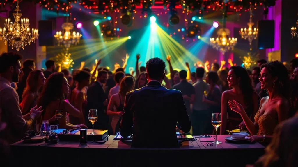 An elegant event setup featuring a Black DJ at the center, with guests laughing and enjoying the music.