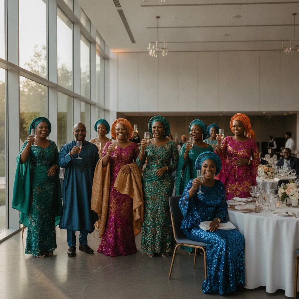 A group of African American guests dressed in vibrant Aso Ebi attire enjoying a lively reception dinner inside a well-lit modern banquet hall. They are laughing and clinking glasses.