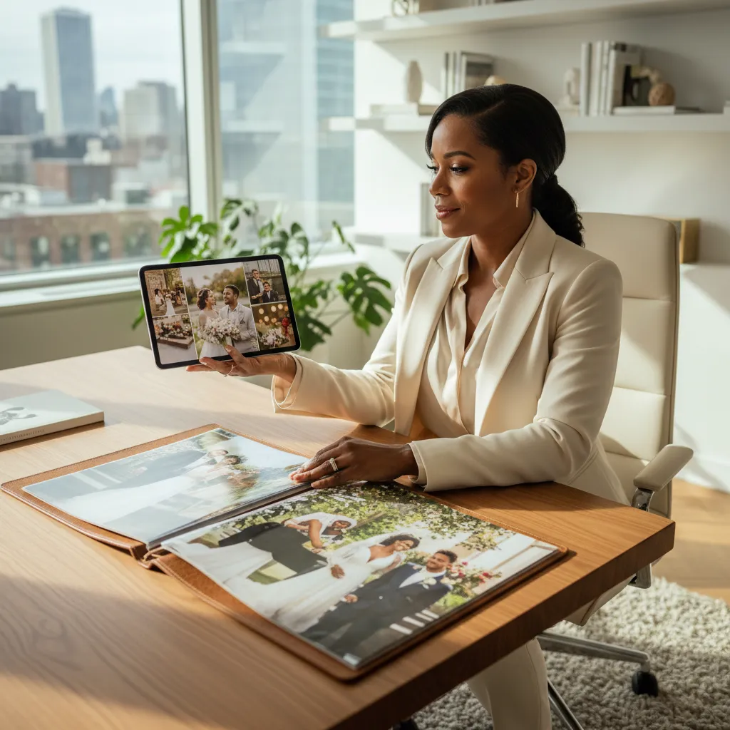 A Black event planner, dressed professionally, is reviewing a portfolio of wedding photos and watching a highlight reel on a tablet, looking thoughtful and impressed in a modern office space.