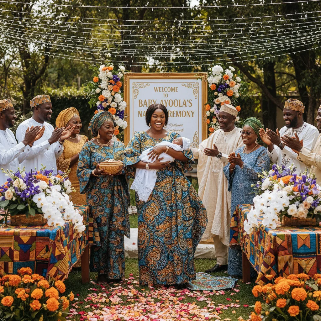 A proud Black mother holding her newborn at a beautifully decorated Nigerian naming ceremony, surrounded by smiling family members