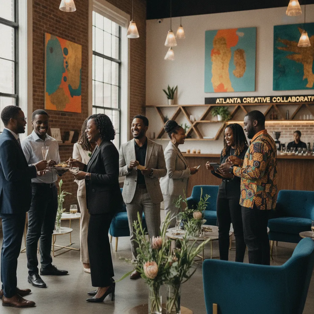 A diverse group of Black event planners and vendors networking at an industry mixer in a modern Atlanta event space