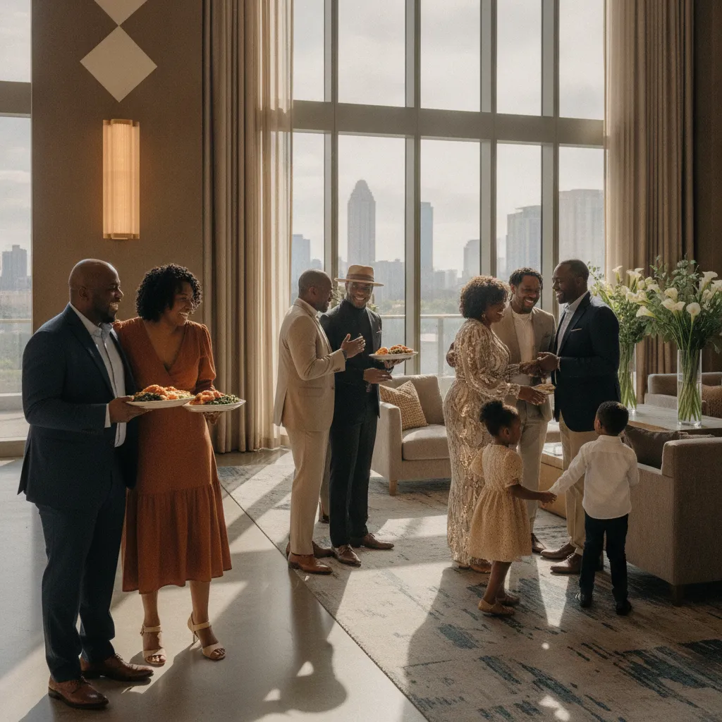 A diverse Black family, dressed in elegant but comfortable attire, laughing and mingling inside a brightly lit, modern banquet hall in Atlanta