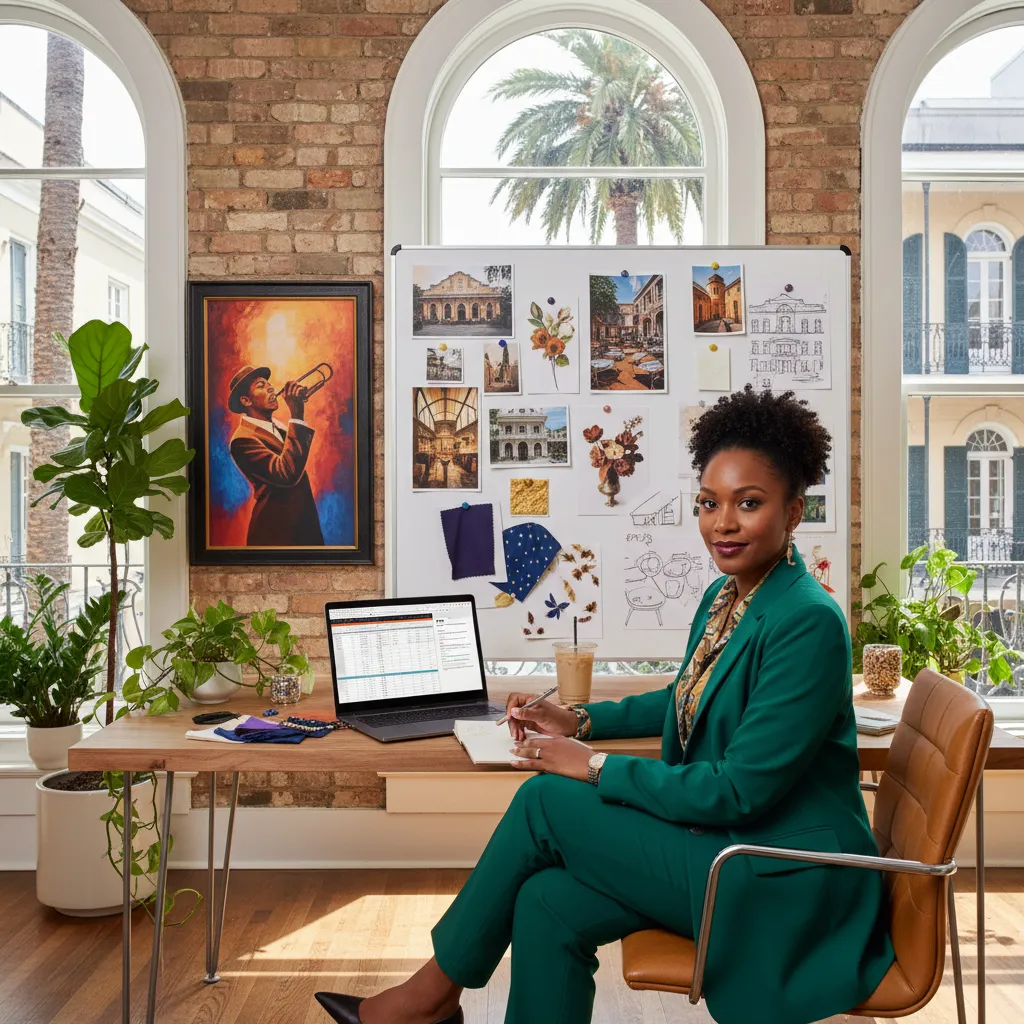 A Black female event planner sits at a modern desk in a vibrant New Orleans office