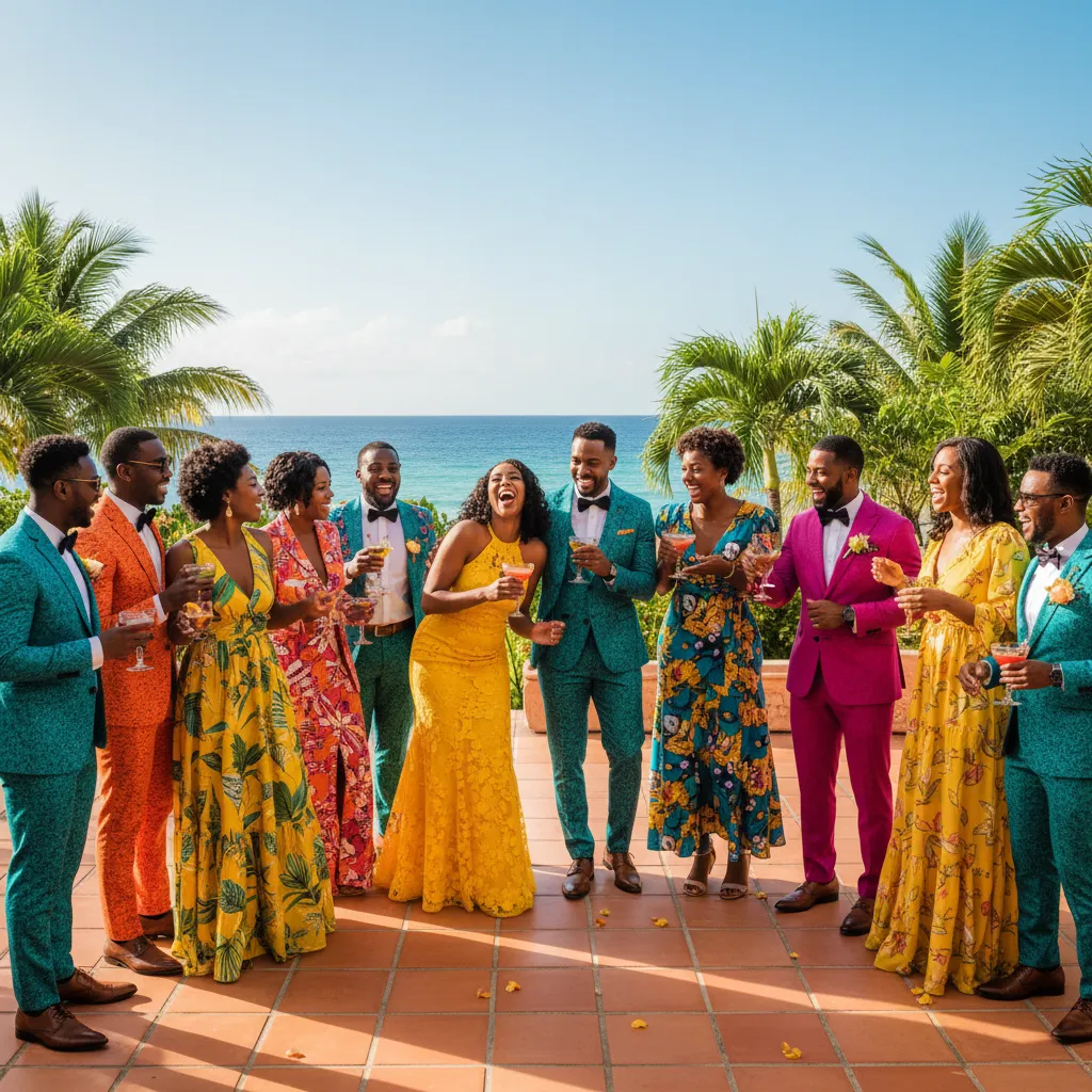 A diverse group of Afro-Caribbean wedding guests, dressed in vibrant formal wear