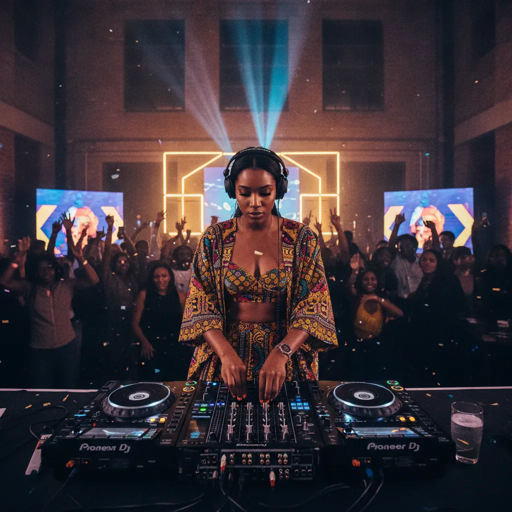 A dynamic Black female Afrobeats DJ in Atlanta, dressed in vibrant print clothing, intensely mixing on a professional DJ setup with headphones on