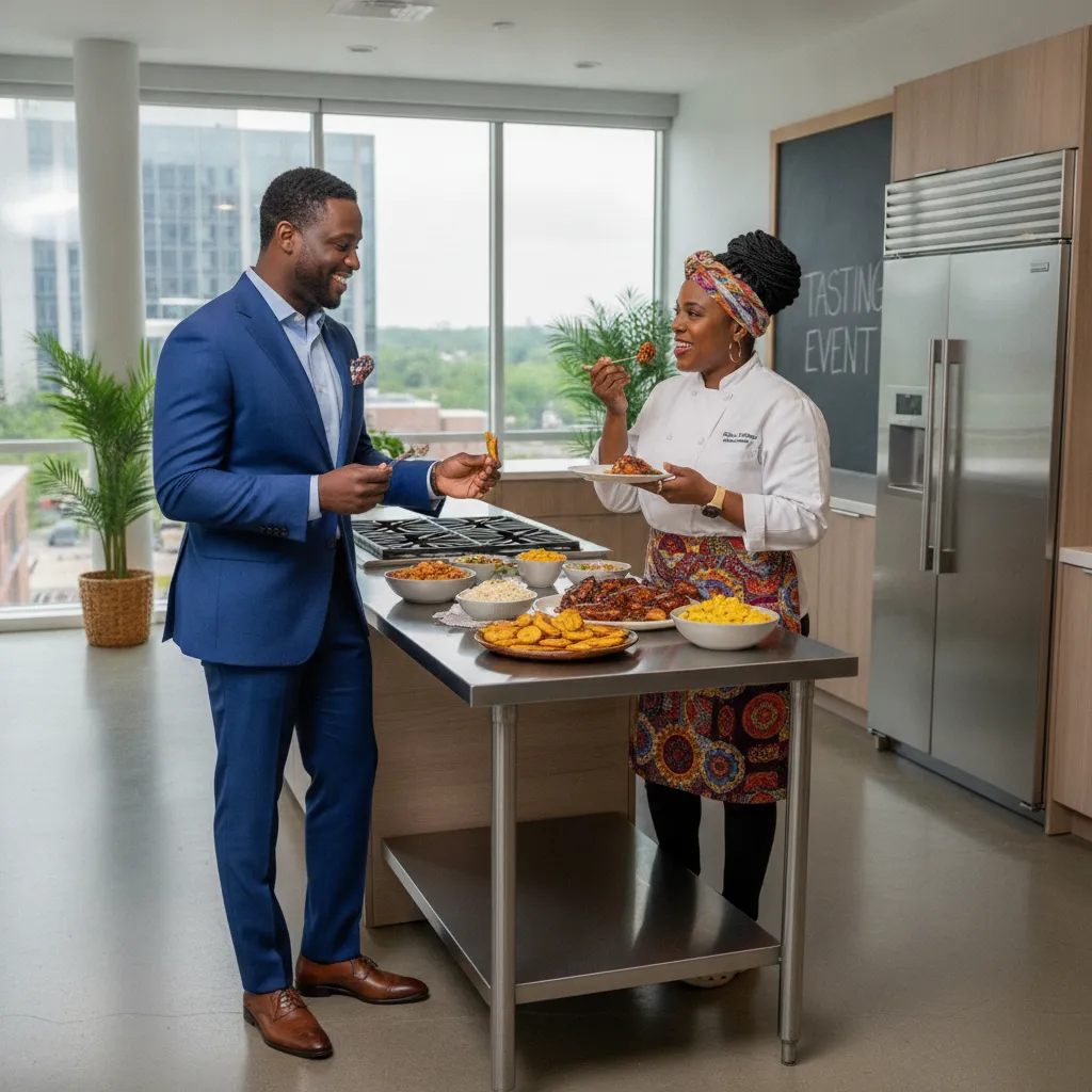 A Black event planner in a stylish suit consults with a Caribbean chef at a tasting event in a modern Atlanta kitchen, sampling plantains and jerk chicken. They are smiling and discussing details