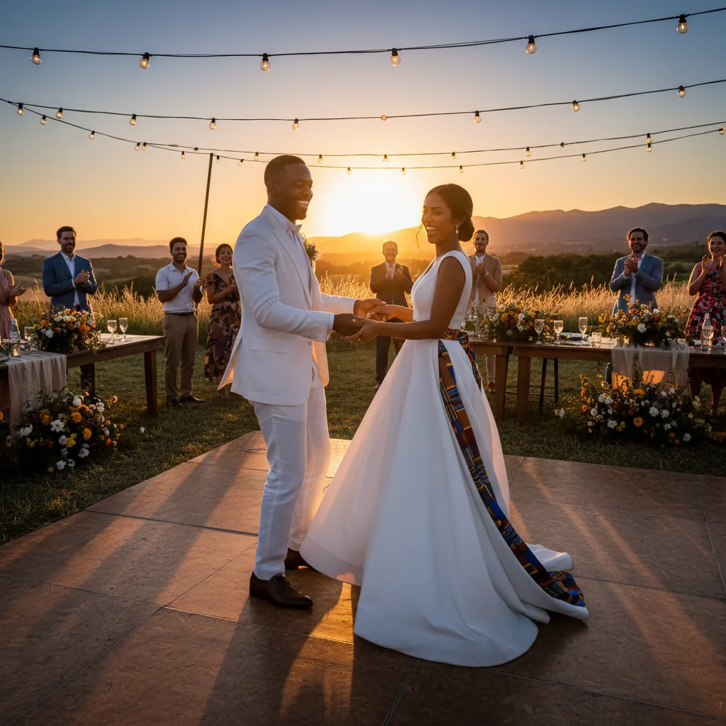 An African American groom in a crisp linen suit smiling broadly as he dances with his bride