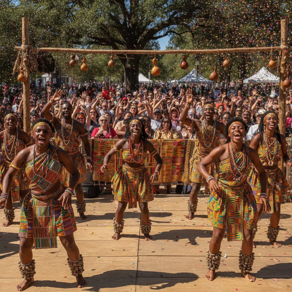 A diverse group of Black cultural dancers in vibrant, authentic African attire, performing with joyous expressions on an outdoor stage at a sunny Atlanta festival