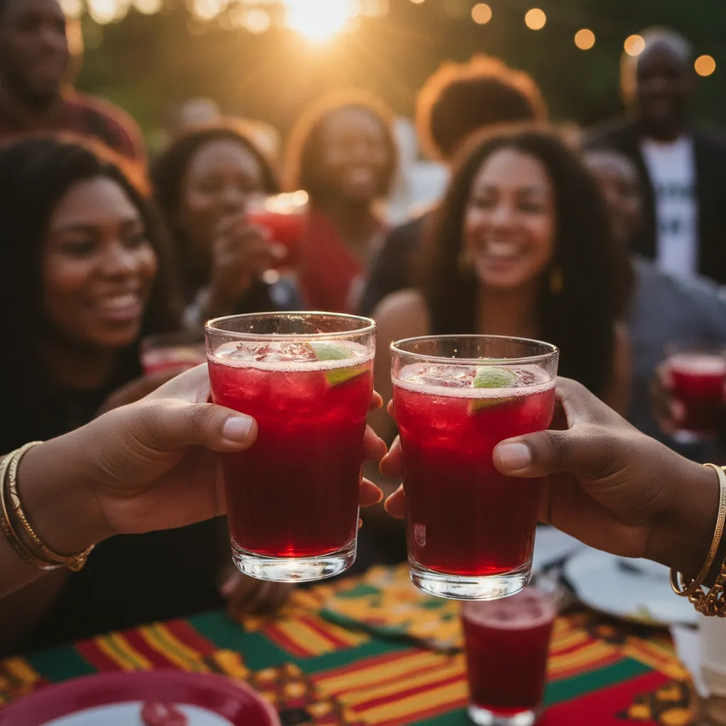 One African American and one Afro-Caribbean, clinking glasses of a vibrant red hibiscus drink at a festive Juneteenth gathering in Atlanta