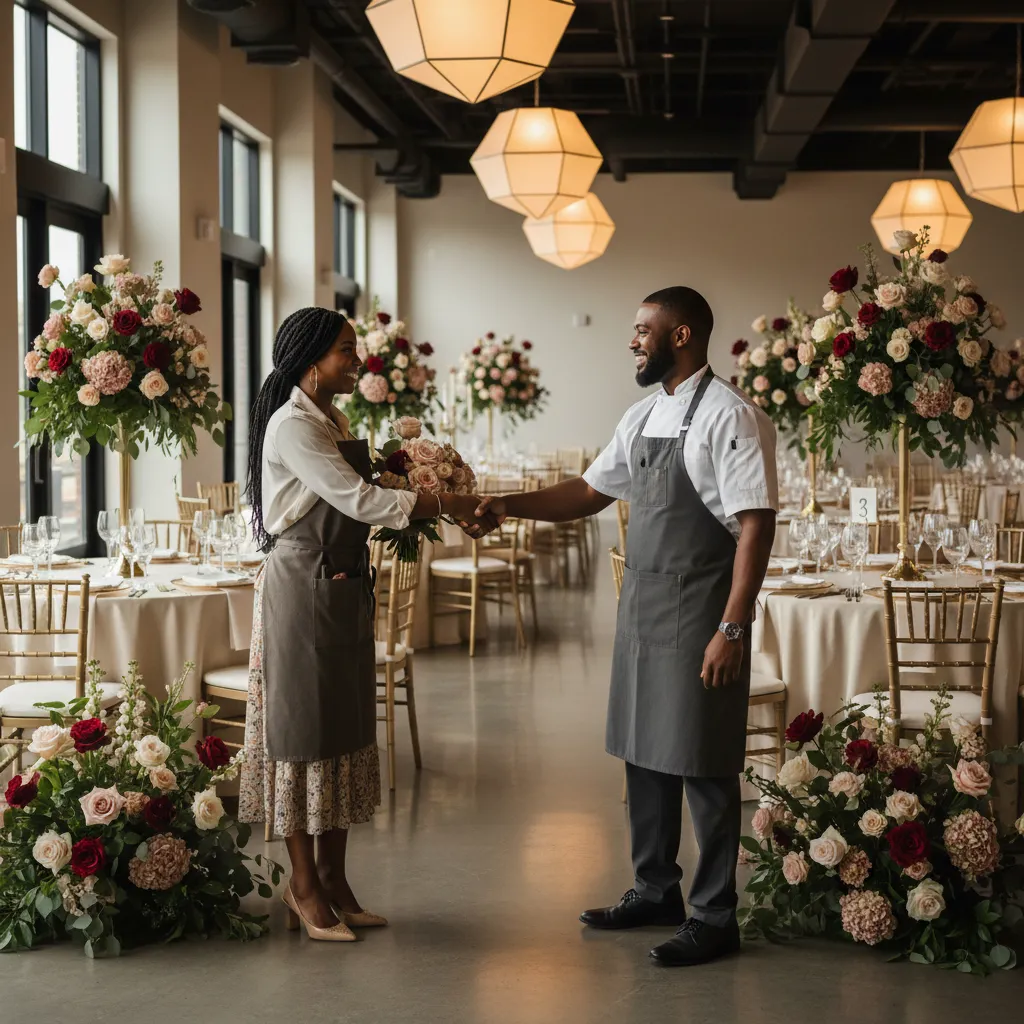 An African American event planner, a Black caterer, and a Black florist smiling and shaking hands warmly in a modern event space