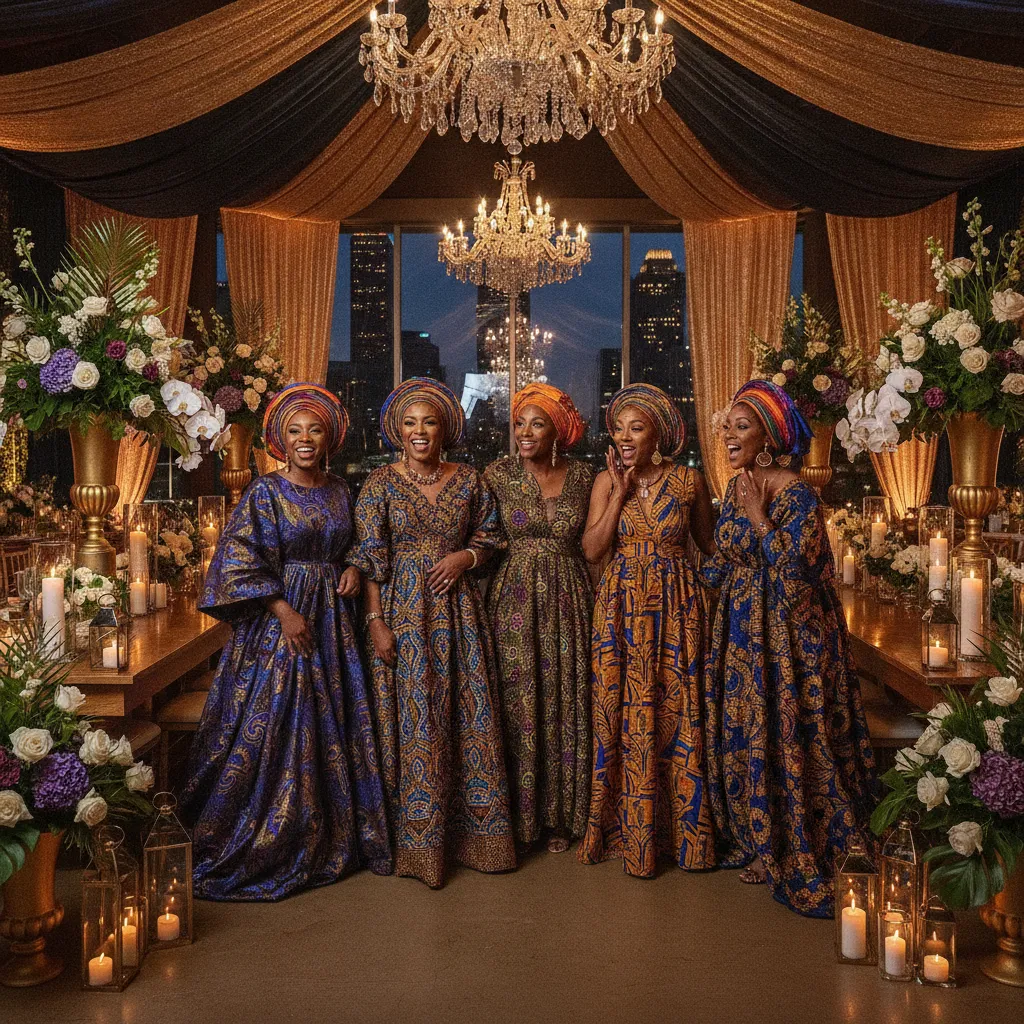 A group of Black women, dressed in elegant traditional African attire with vibrant headwraps, are admiring a beautifully decorated event space in Atlanta