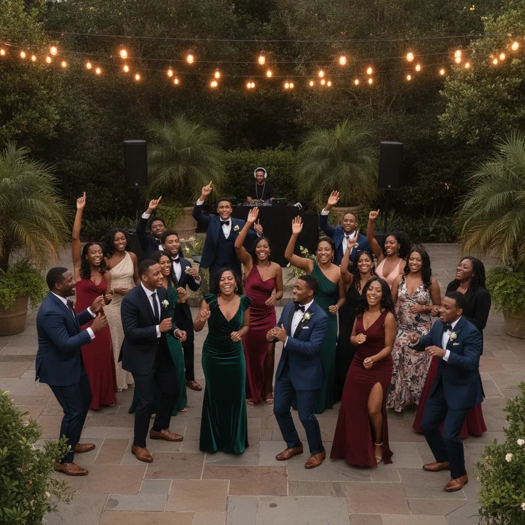 A diverse group of joyful African American and Afro-Caribbean wedding guests, dressed in elegant formal wear, dancing enthusiastically under string lights on an outdoor patio at an Atlanta event venue