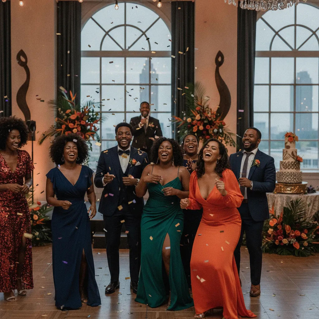 A vibrant, diverse group of African American and Afro-Caribbean guests laughing and dancing at a lively Atlanta wedding reception, with the MC visible in the background, subtly guiding the festivities
