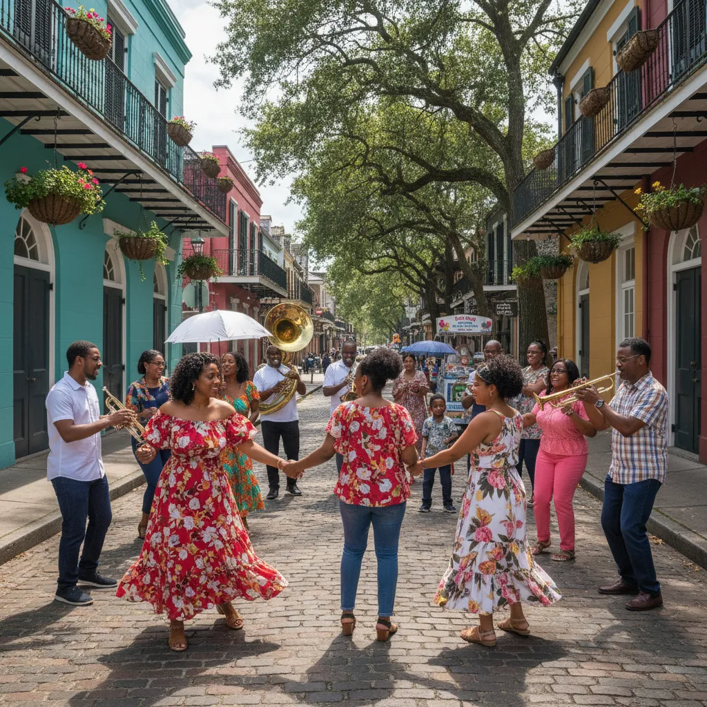 A vibrant street scene in the historic Tremé neighborhood of New Orleans, featuring African American families enjoying live brass band music
