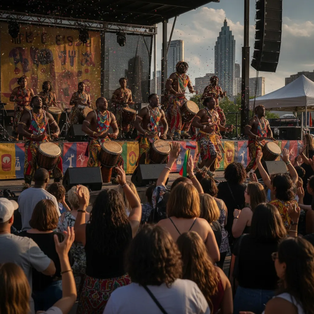 A vibrant group of Black African American drummers and dancers in traditional attire, performing energetically on an outdoor stage at a community festival in Atlanta, with a diverse crowd cheering