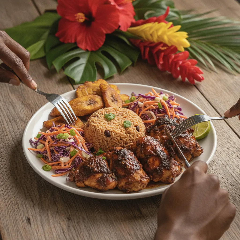 Close-up of a beautifully arranged plate of Caribbean food: jerk chicken, rice and peas, fried plantains, and a vibrant coleslaw